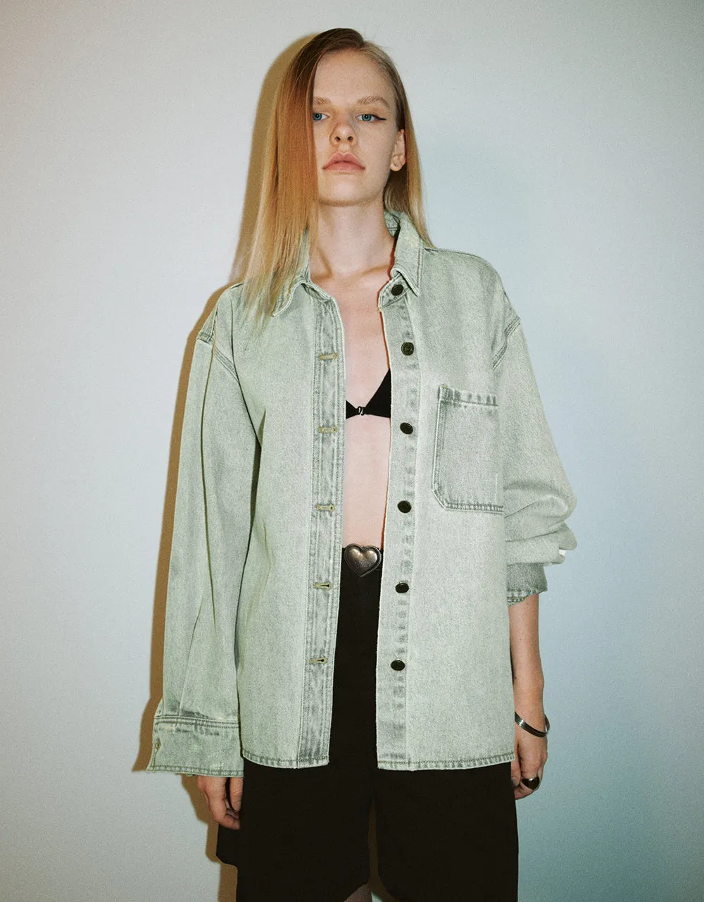 Button Up Straight Denim Shirt sold by Urban Revivo