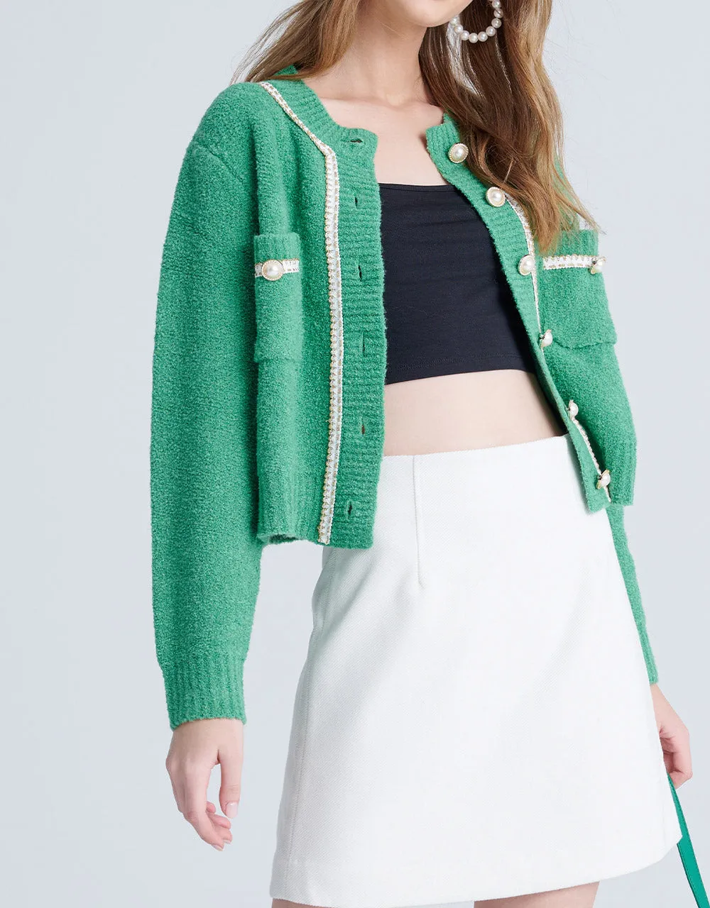 Contrast Trim Faux Pearl Button Green Cardigan sold by Urban Revivo product image thumbnail 2
