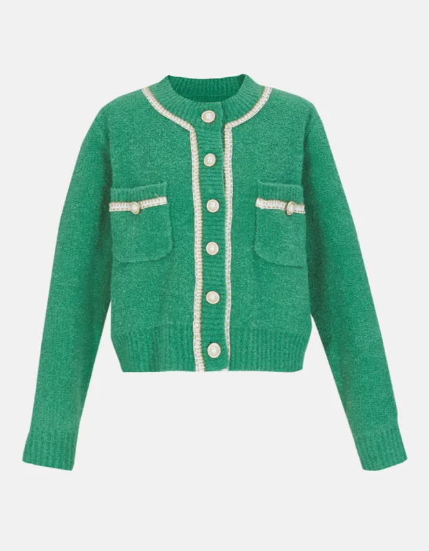 Contrast Trim Faux Pearl Button Green Cardigan sold by Urban Revivo