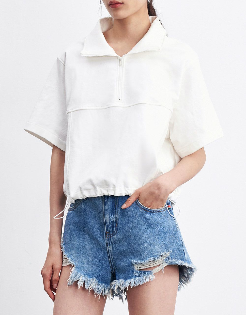 Elastic Hem Half Zip Denim T-Shirt sold by Urban Revivo product image thumbnail 5