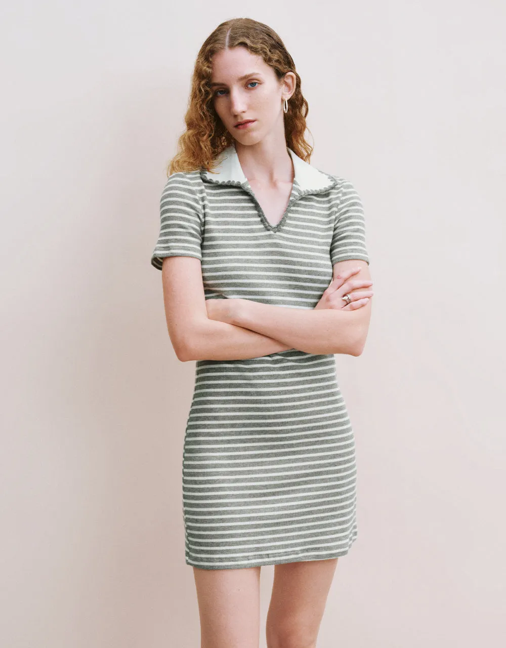Striped Lapel A-Line Dress sold by Urban Revivo