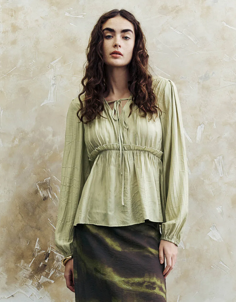 Tie Front Ruched V-Neck Blouse sold by Urban Revivo