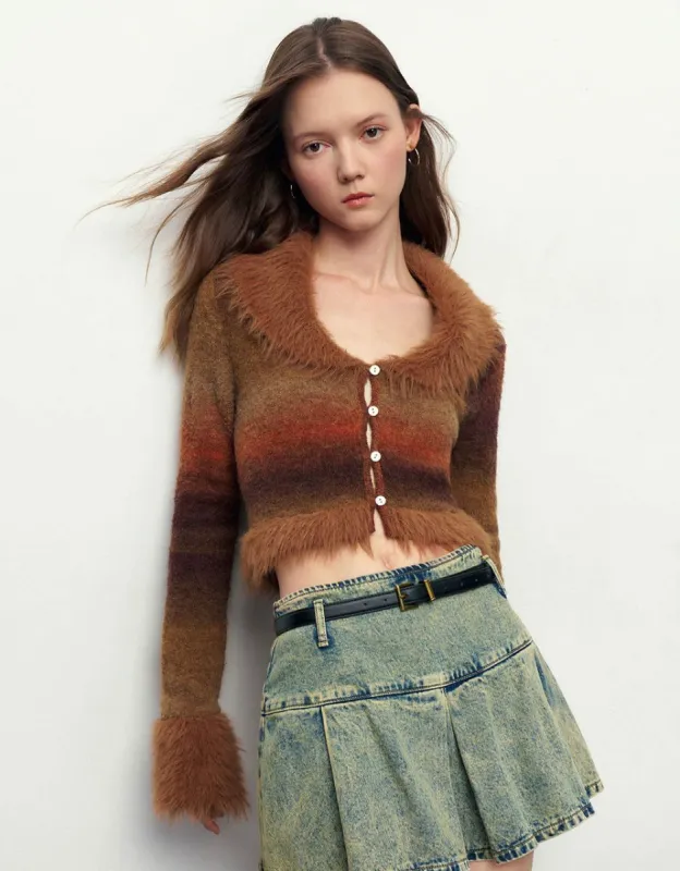Furry Striped V-Neck Knitted Cardigan sold by Urban Revivo