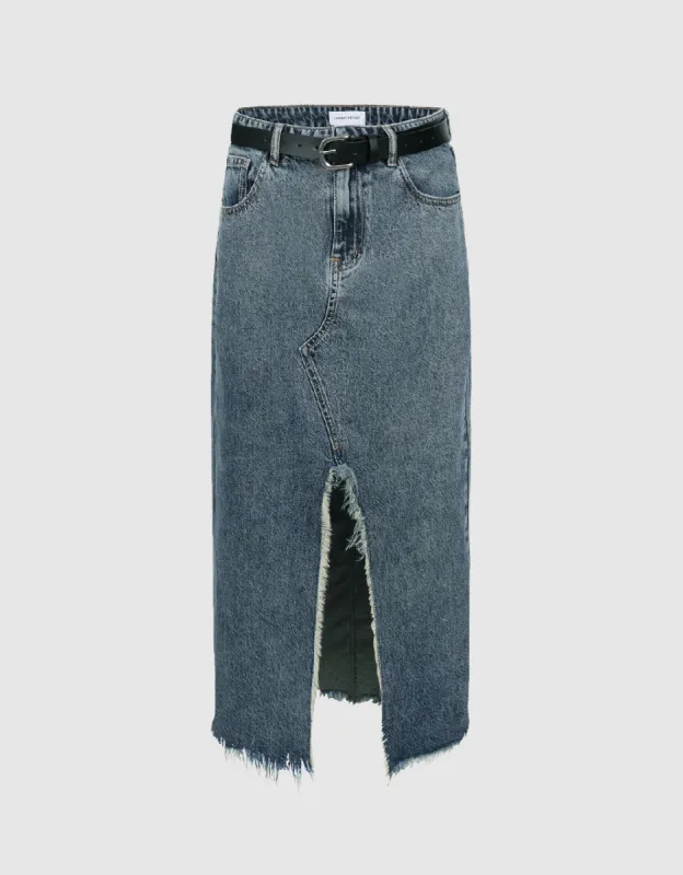 Split Raw Hem Straight Denim Skirt sold by Urban Revivo
