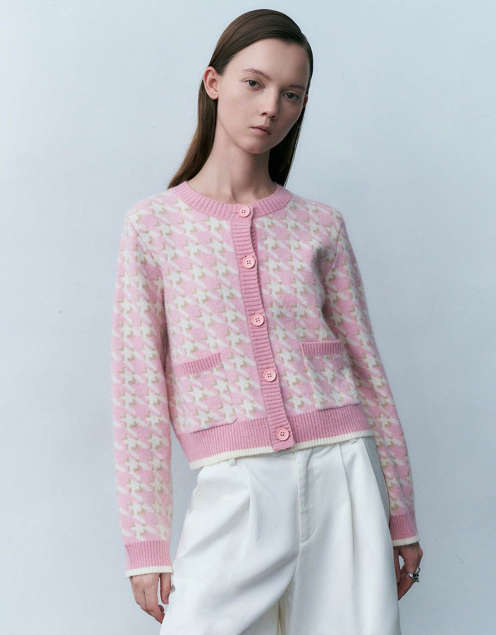 Houndstooth Crew Neck Knitted Cardigan sold by Urban Revivo