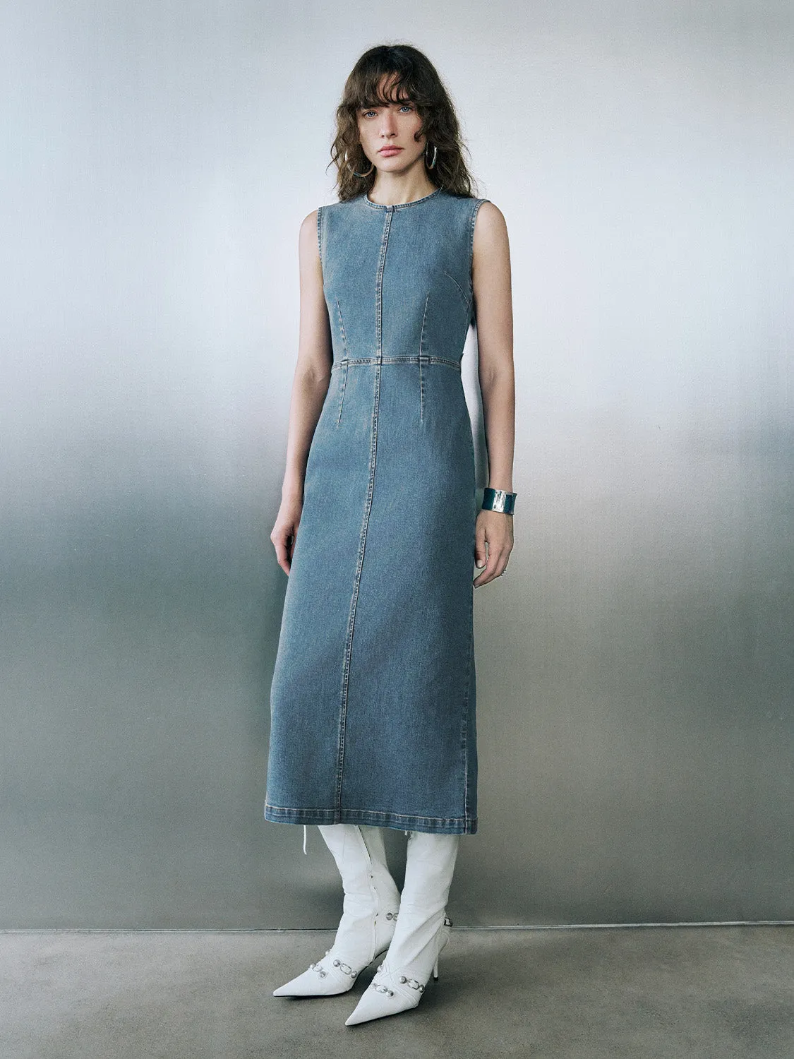 Sleeveless Crew Neck Denim Dress sold by Urban Revivo