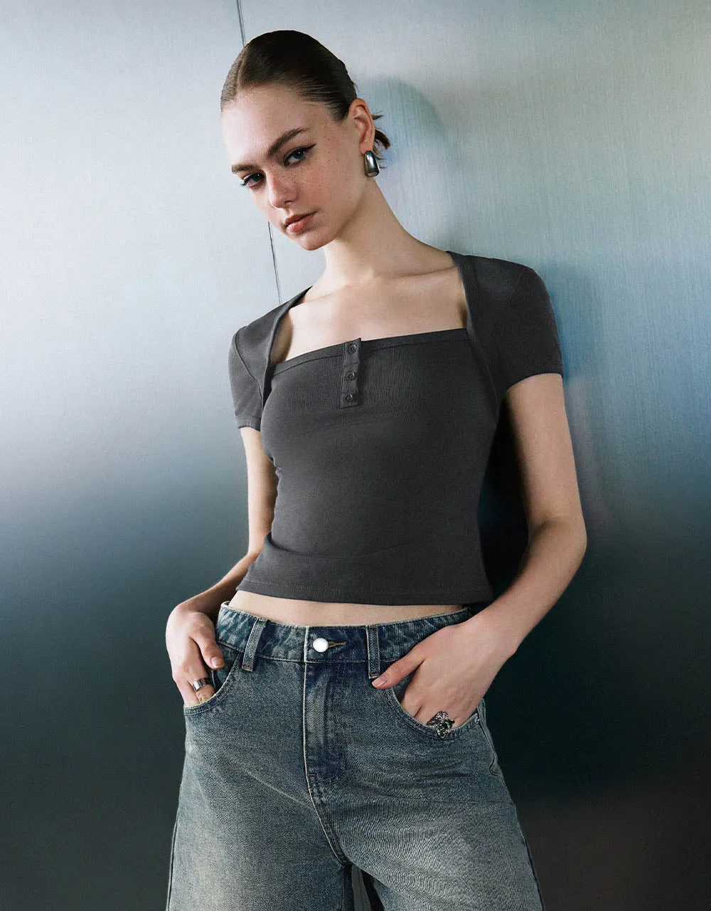 Square-cut Collar Skinny T-Shirt sold by Urban Revivo