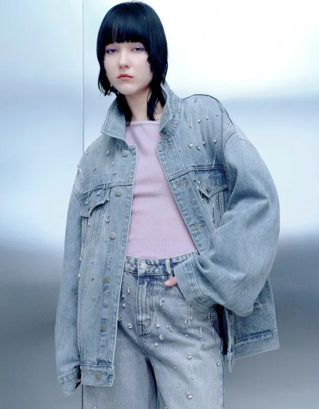 Rhinestone Décor Button Up Denim Jacket sold by Urban Revivo