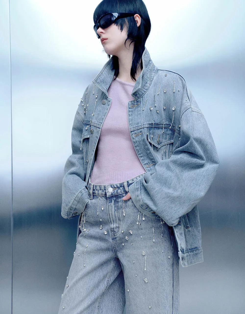 Rhinestone Décor Button Up Denim Jacket sold by Urban Revivo product image thumbnail 3