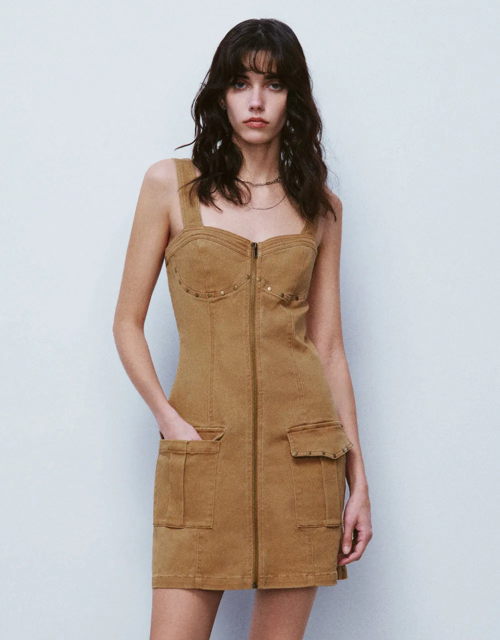 Zipper Front Sleeveless V-Neck Skater Dress sold by Urban Revivo