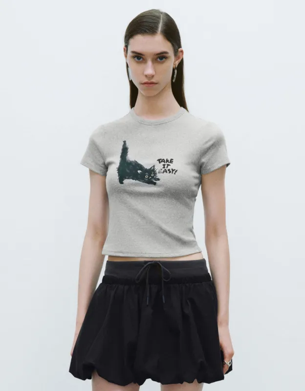 Cat Printed Crew Neck Skinny T-Shirt sold by Urban Revivo