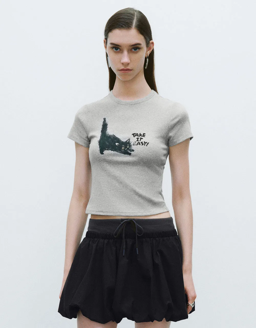 Cat Printed Crew Neck Skinny T-Shirt sold by Urban Revivo