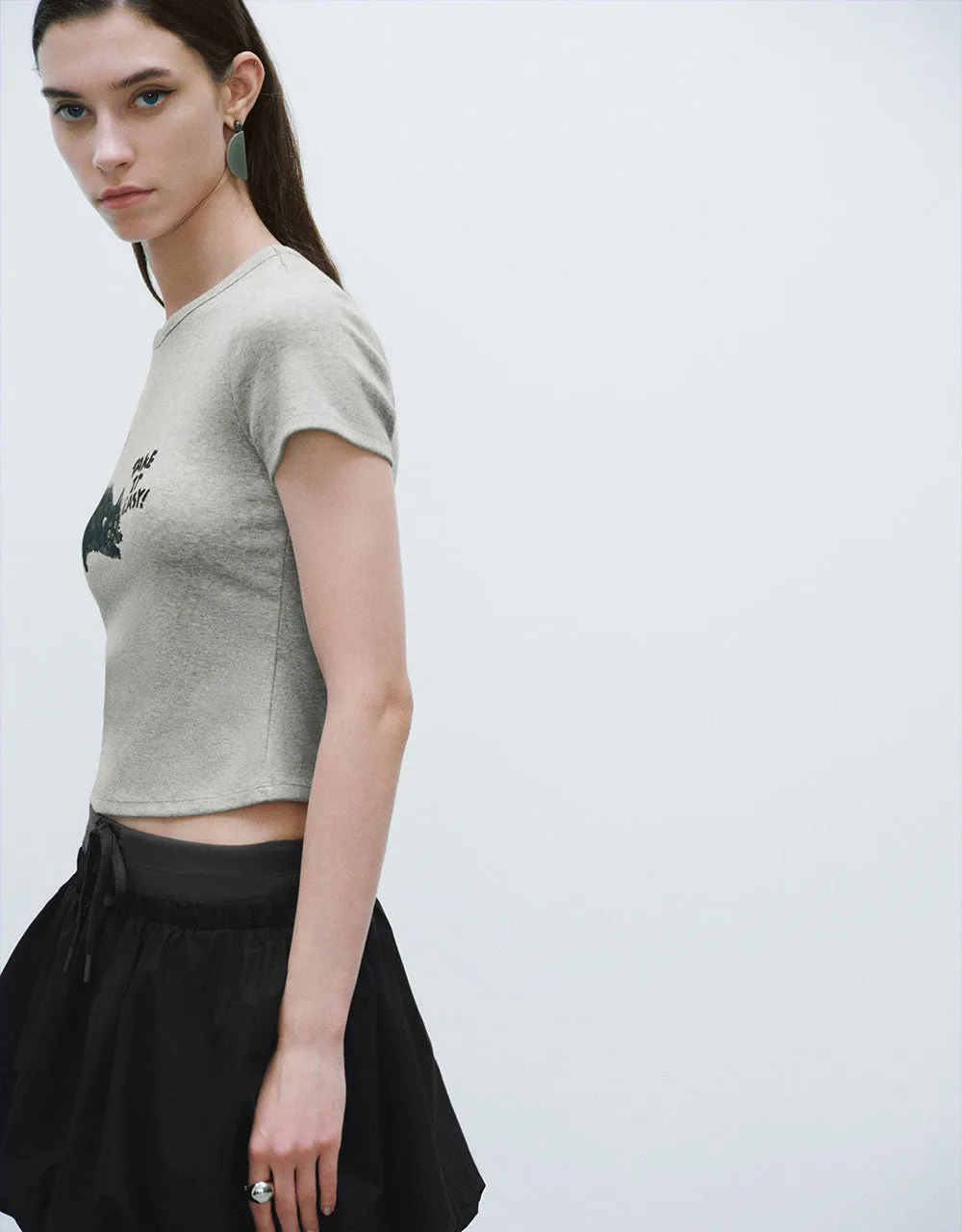 Cat Printed Crew Neck Skinny T-Shirt sold by Urban Revivo product image thumbnail 3
