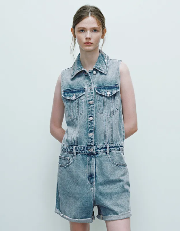 Sleeveless Lapel Denim Jumpsuit sold by Urban Revivo