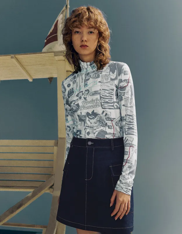 Printed Turtle Neck Skinny T-Shirt sold by Urban Revivo