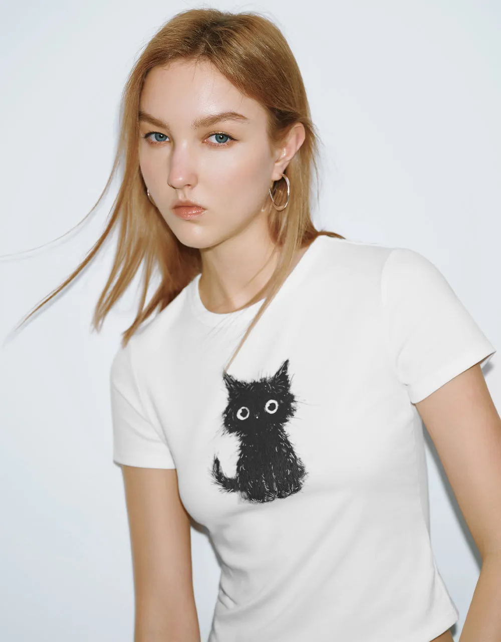Cat Printed Crew Neck Skinny T-Shirt sold by Urban Revivo product image thumbnail 4
