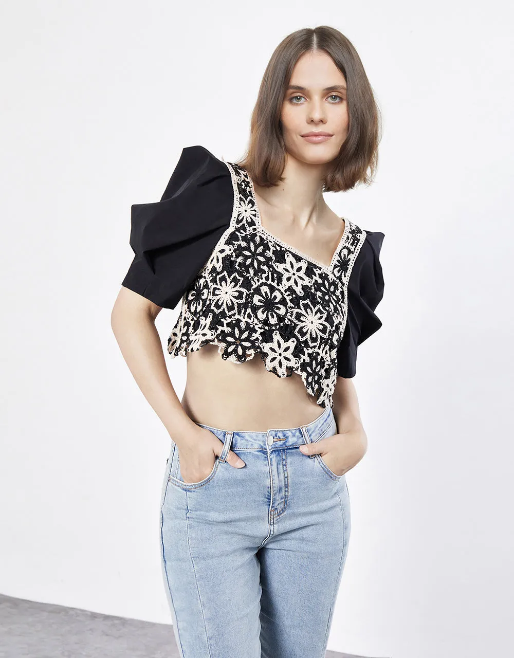 Floral Crochet Puff Sleeve Top sold by Urban Revivo