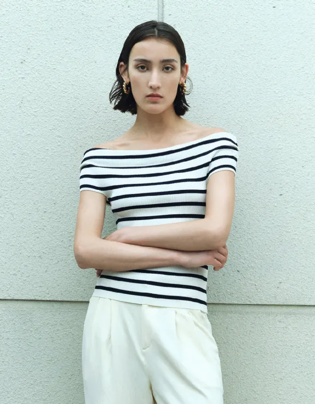 Striped Sleeveless Off-Shoulder Knitted Top sold by Urban Revivo