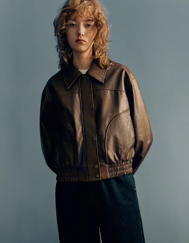 Drop Shoulder Sleeve Vegan Leather Jacket sold by Urban Revivo