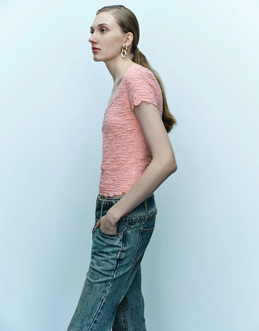 Shirred Square-cut Collar Skinny T-Shirt sold by Urban Revivo product image thumbnail 3