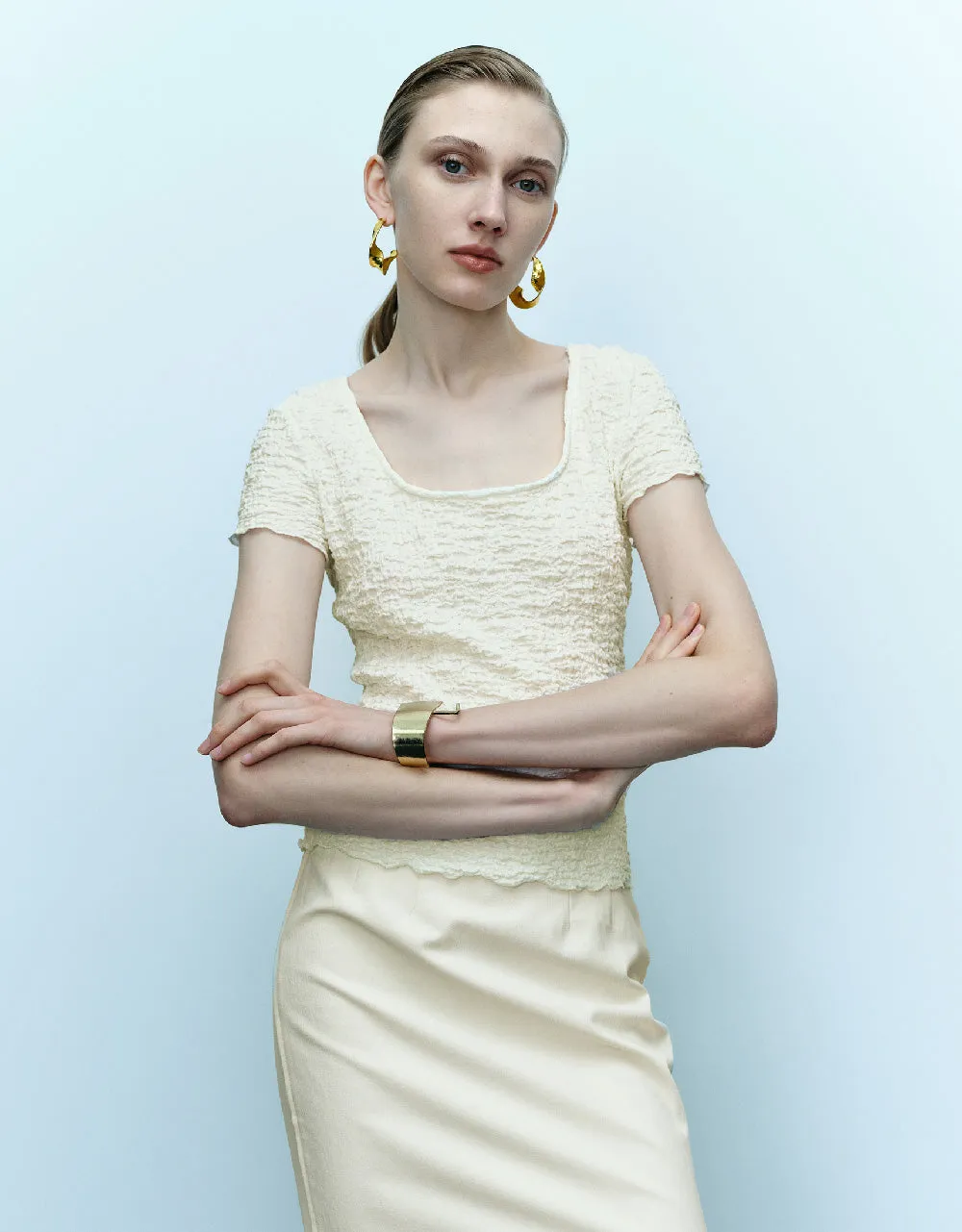 Shirred Square-cut Collar Skinny T-Shirt sold by Urban Revivo product image thumbnail 4