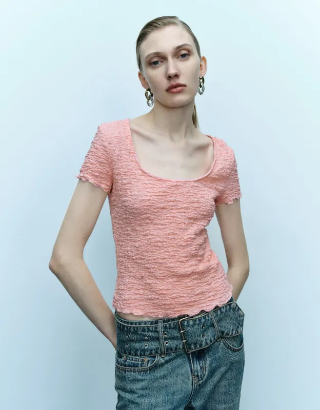 Shirred Square-cut Collar Skinny T-Shirt sold by Urban Revivo