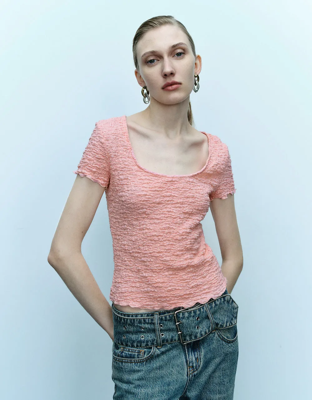 Shirred Square-cut Collar Skinny T-Shirt sold by Urban Revivo