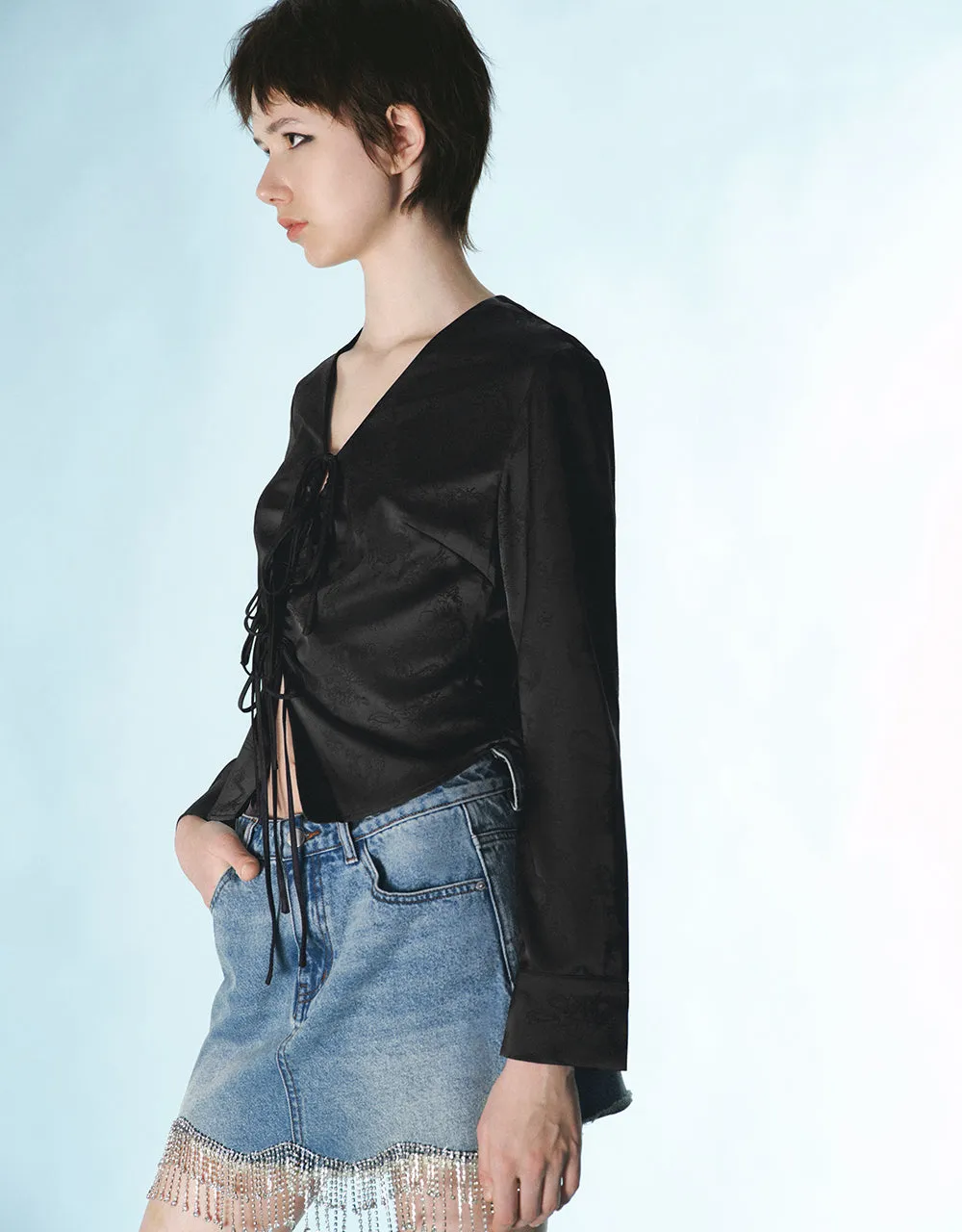 Tie Front V-Neck Skinny Shirt sold by Urban Revivo product image thumbnail 3