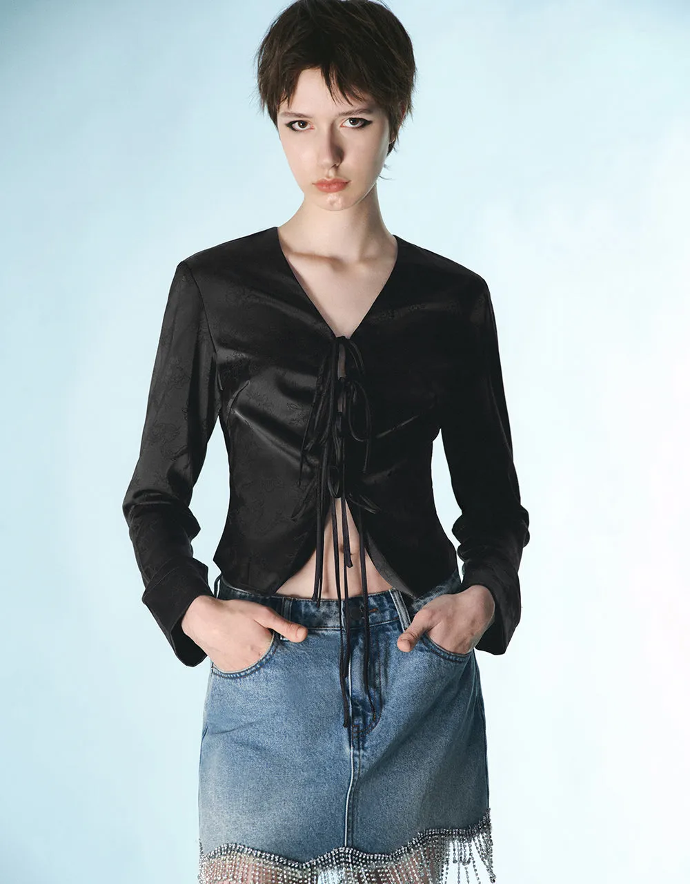 Tie Front V-Neck Skinny Shirt sold by Urban Revivo