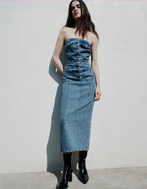 Sleeveless Off-Shoulder Denim Dress made by Urban Revivo