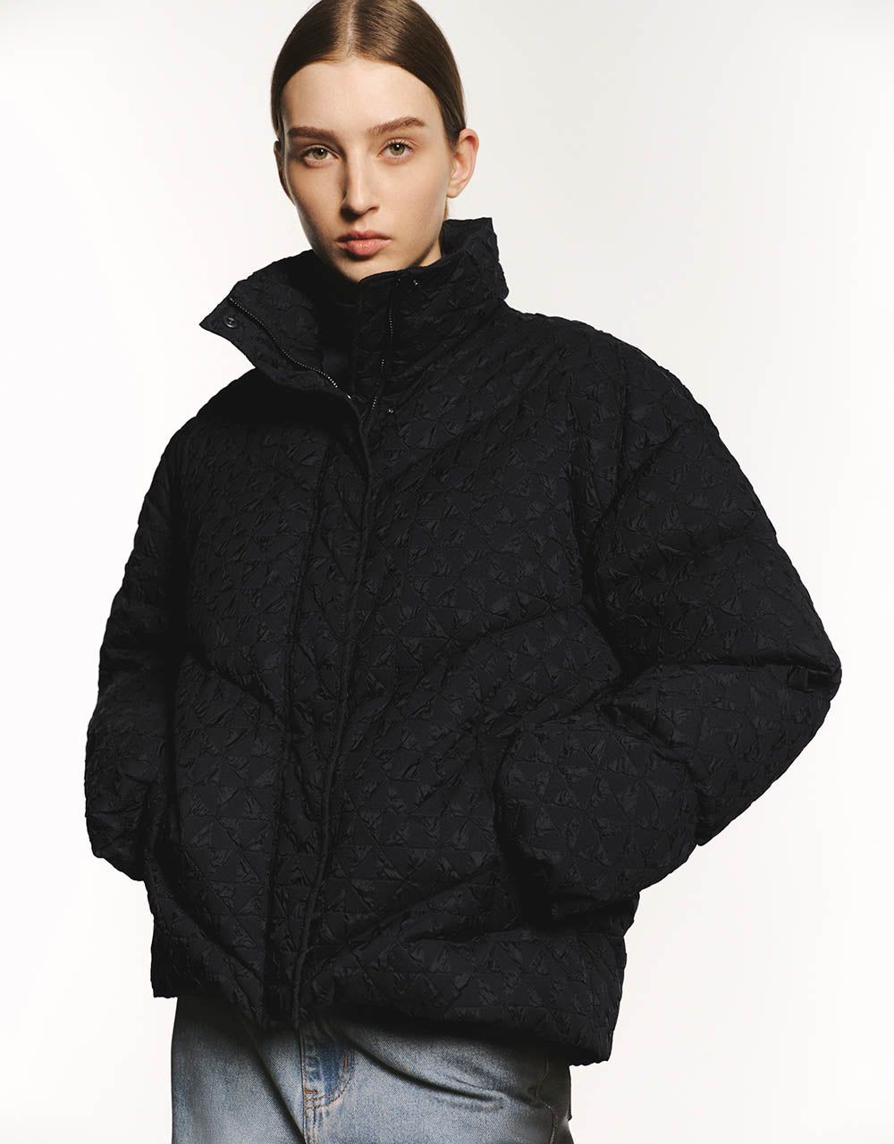 Embossed Stand Collar Puffer Jacket sold by Urban Revivo