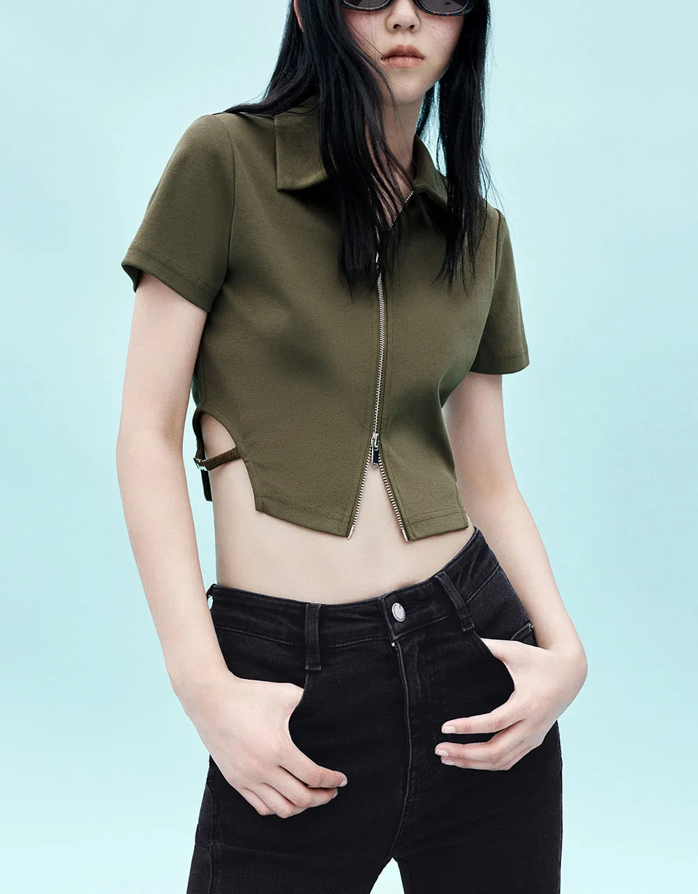 Zipper Front Skinny Knitted Shirt sold by Urban Revivo product image thumbnail 2