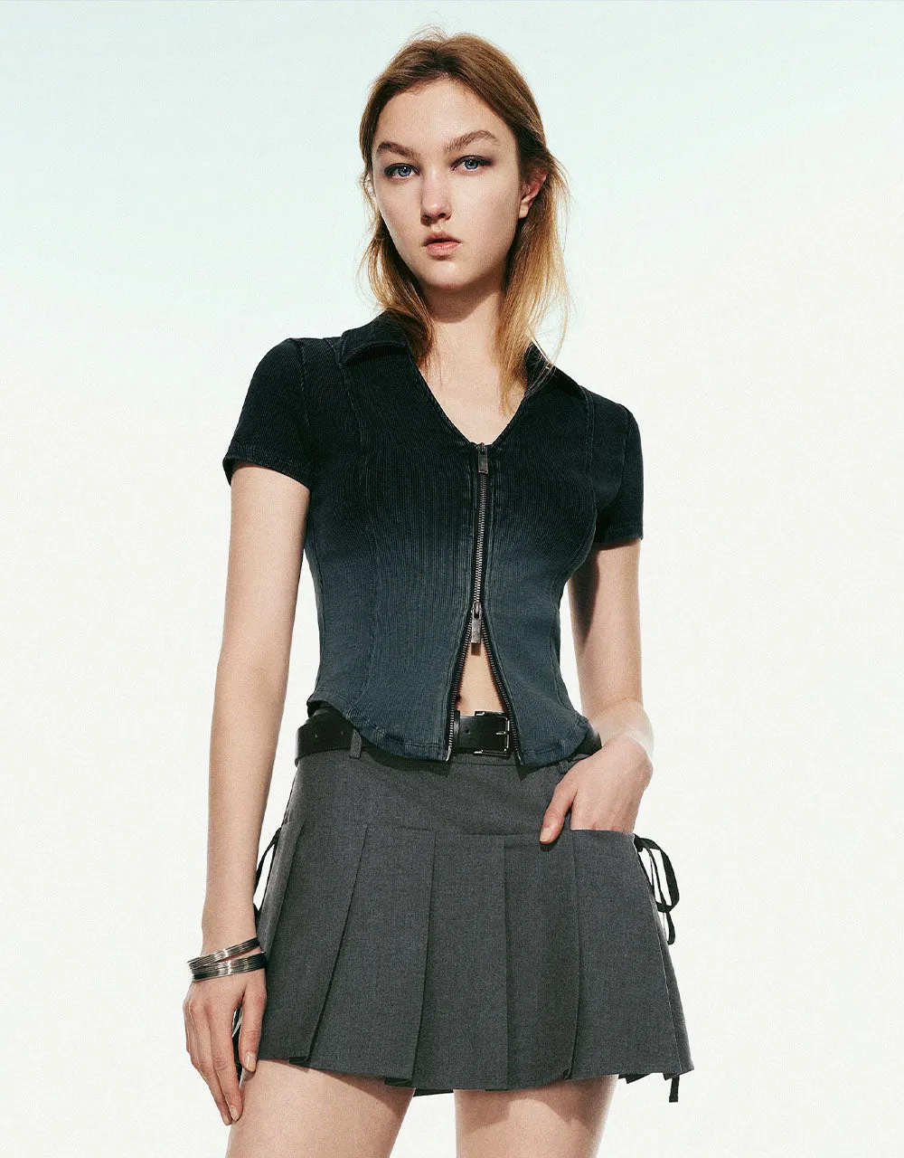 Zipper Front Knitted V-Neck Shirt sold by Urban Revivo