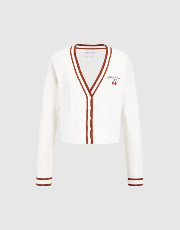 Cherry Embroidered V-Neck Knitted Cardigan sold by Urban Revivo