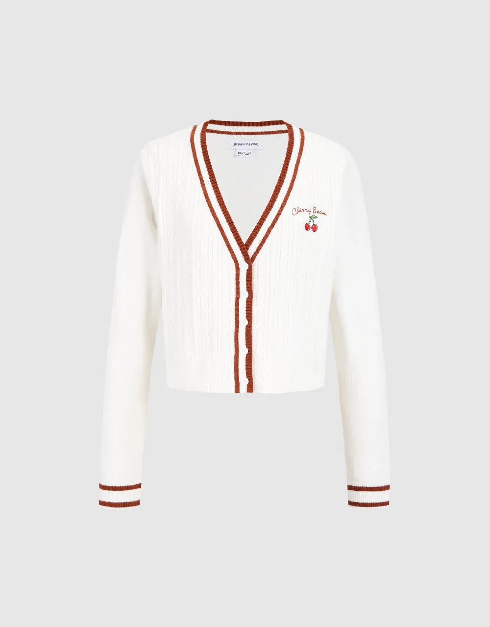 Cherry Embroidered V-Neck Knitted Cardigan sold by Urban Revivo
