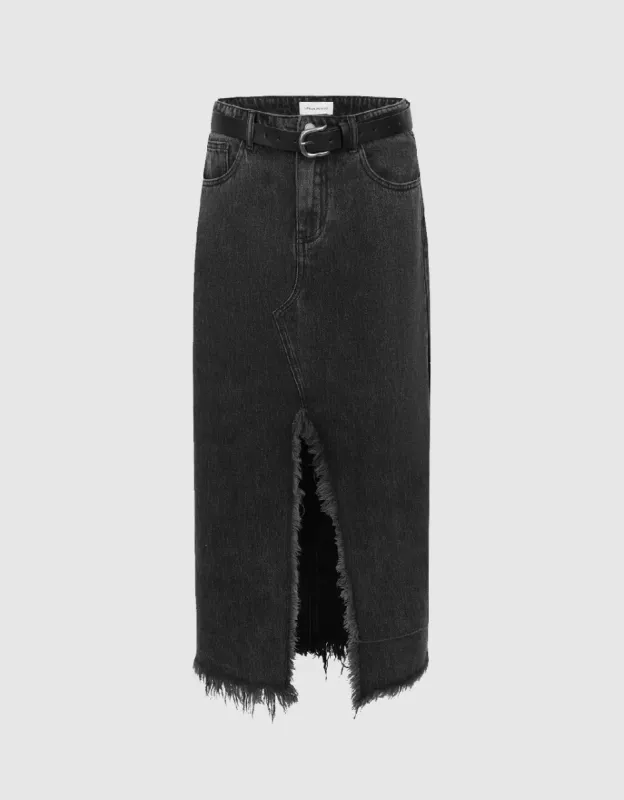 Split Raw Hem Straight Denim Skirt sold by Urban Revivo