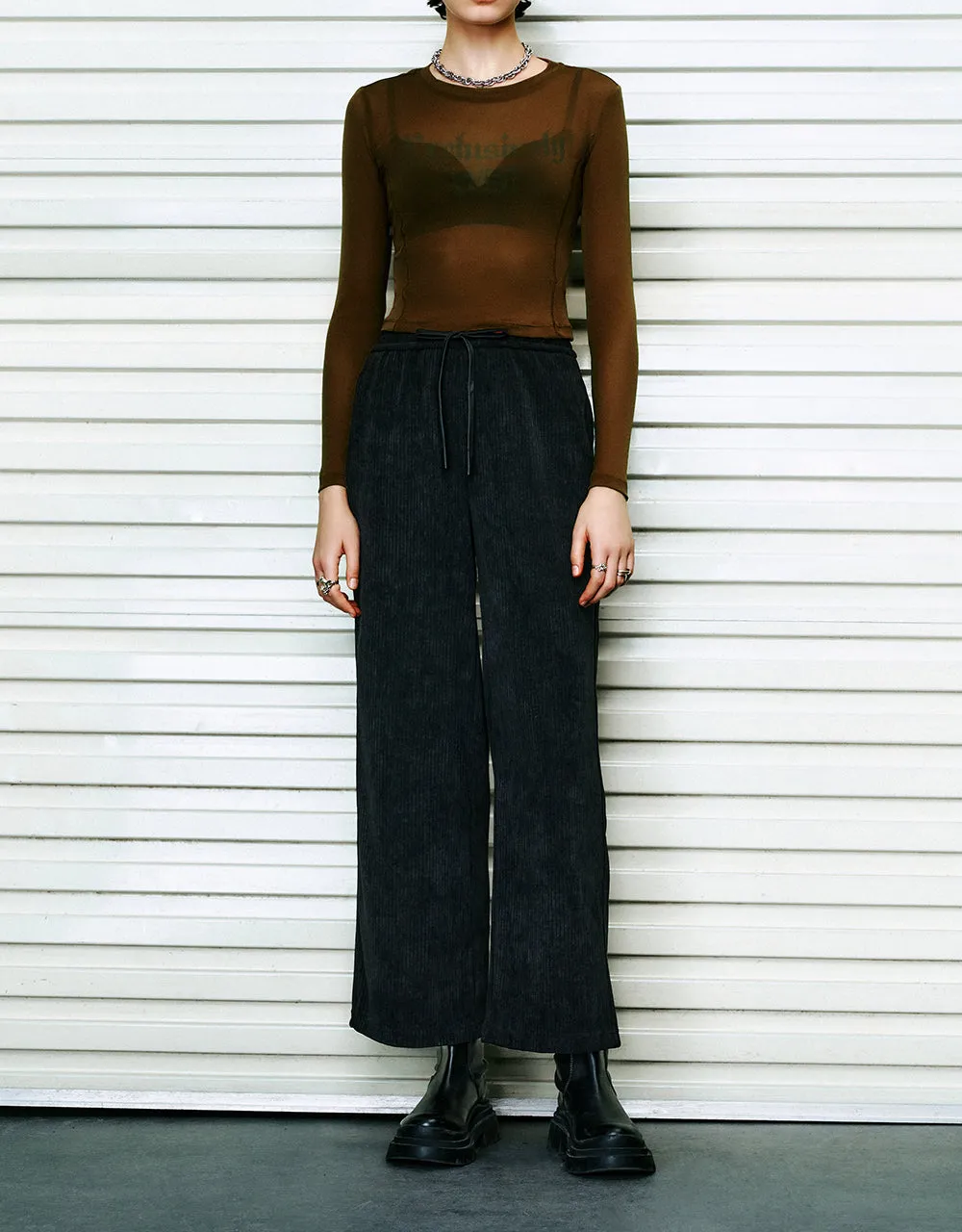 Drawstring Waist Knitted Wide-Leg Pants sold by Urban Revivo product image thumbnail 3