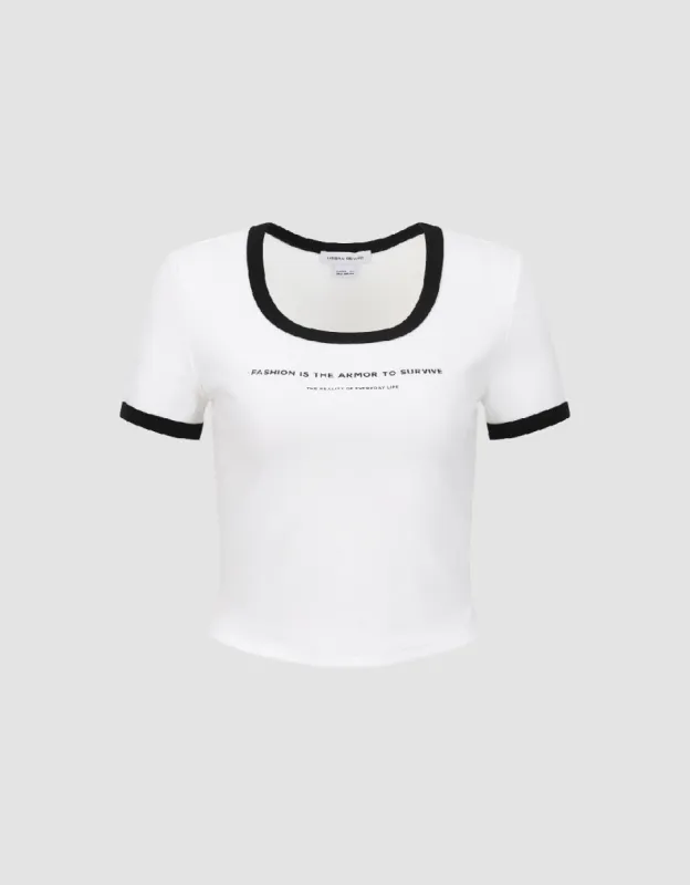 Letter Printed Crew Neck Skinny T-Shirt sold by Urban Revivo