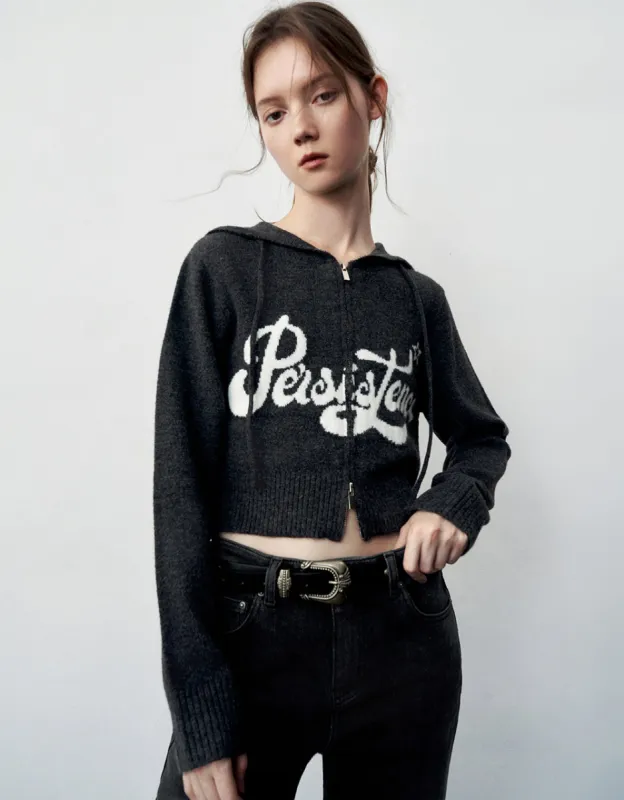 Letter Embroidered Hooded Knitted Cardigan sold by Urban Revivo