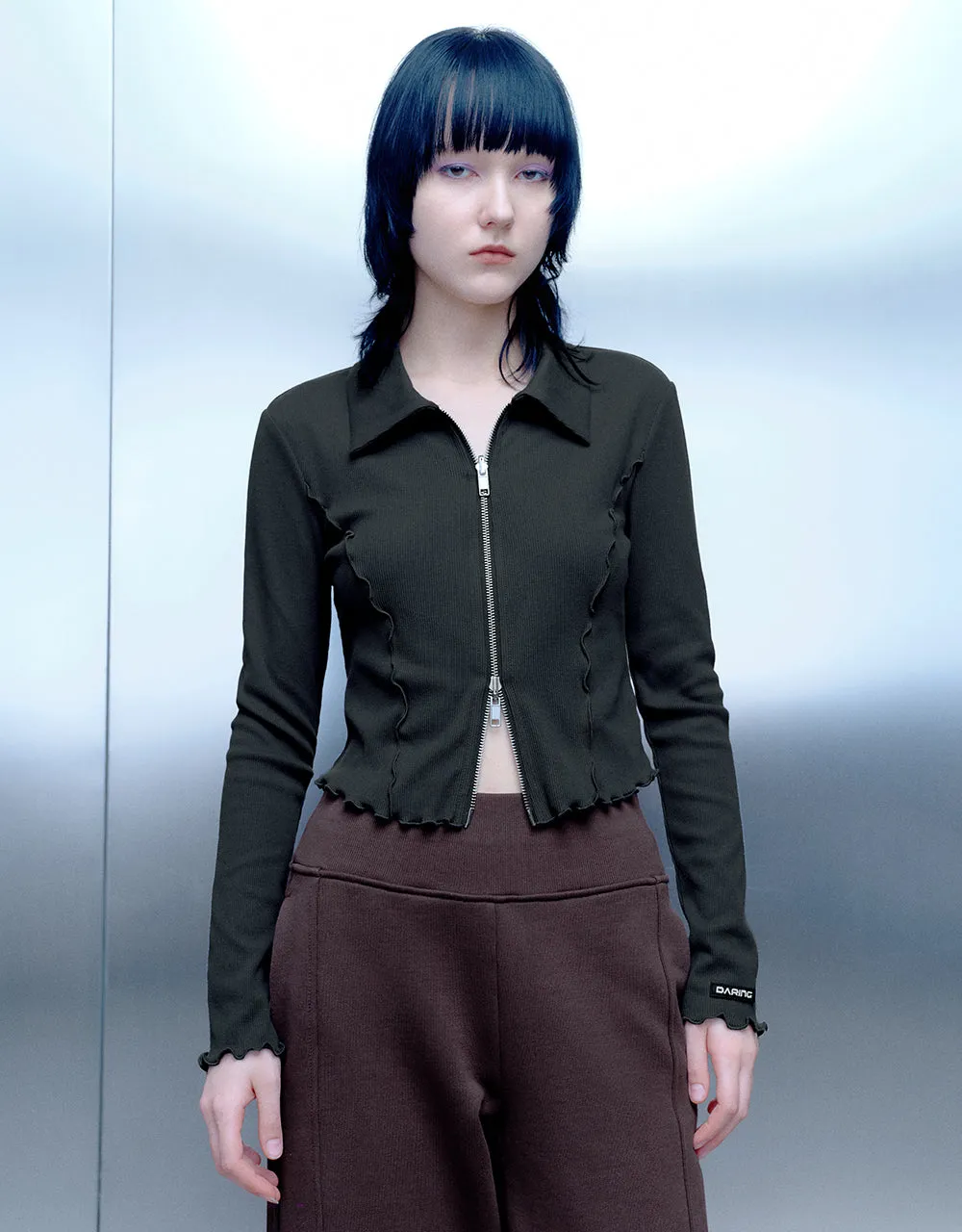 Lettuce Trim Zipper Front Skinny Shirt sold by Urban Revivo