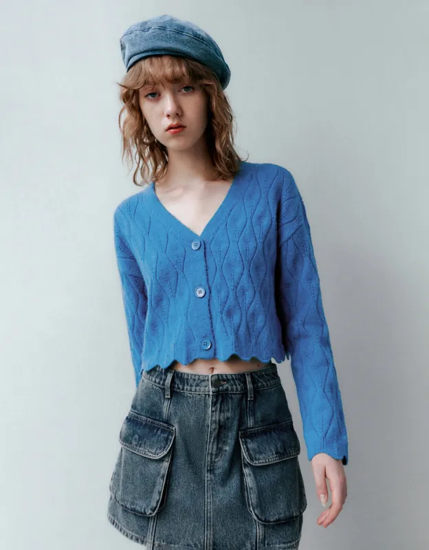 Wave Trim V-Neck Knitted Cardigan sold by Urban Revivo