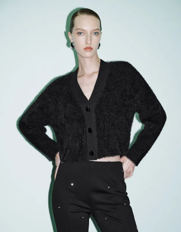 Furry V-Neck Knitted Cardigan sold by Urban Revivo