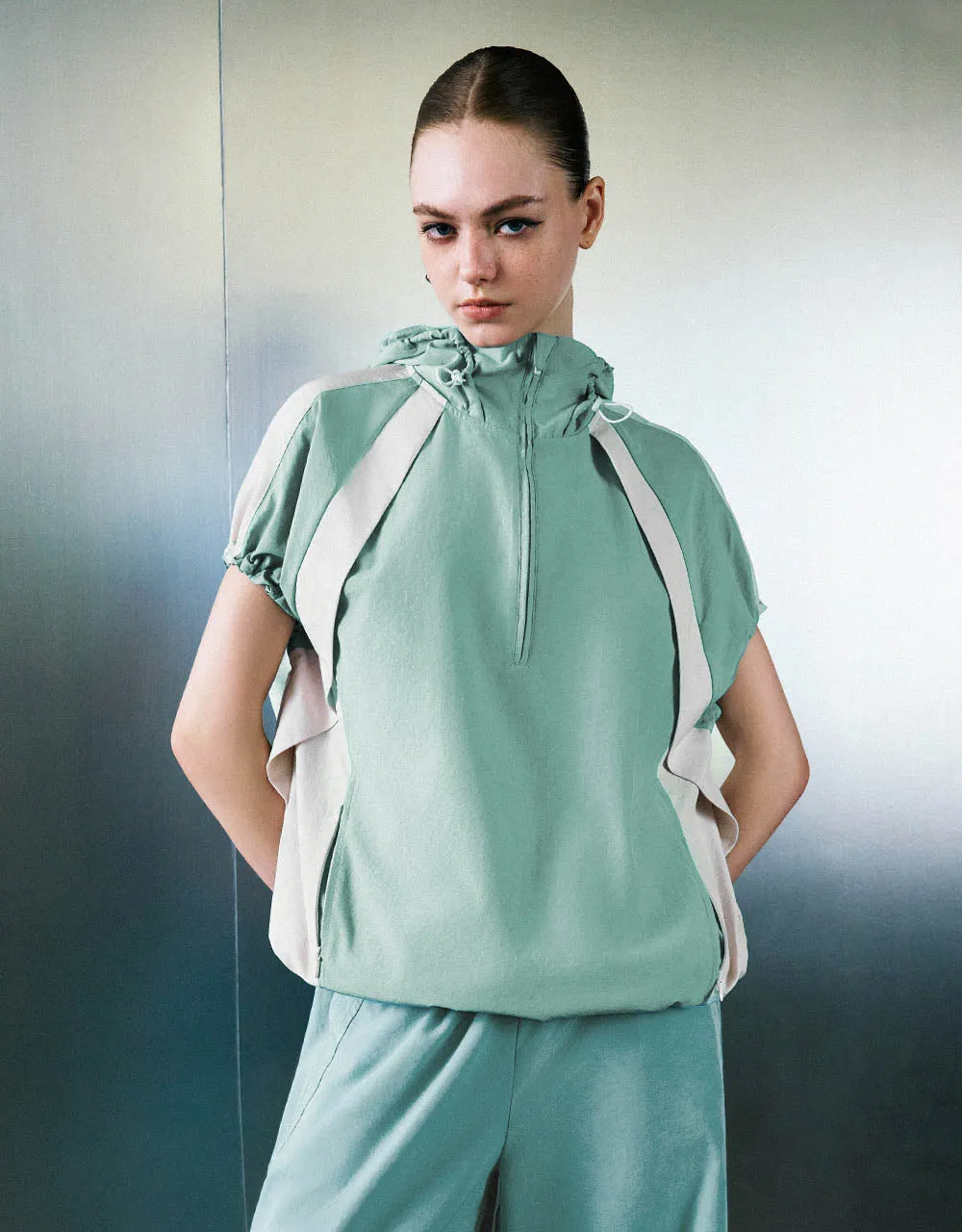 Zip Half Placket Hooded Overhead Shirt sold by Urban Revivo