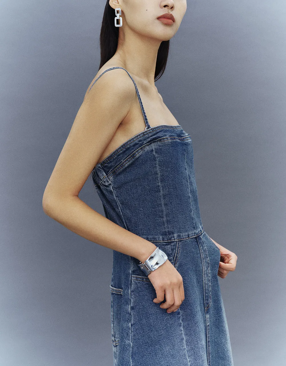 Skinny Off-Shoulder Denim Cami Dress sold by Urban Revivo product image thumbnail 4