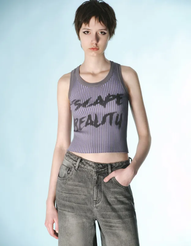 Letter Printed Crew Neck Knitted Tank Top sold by Urban Revivo