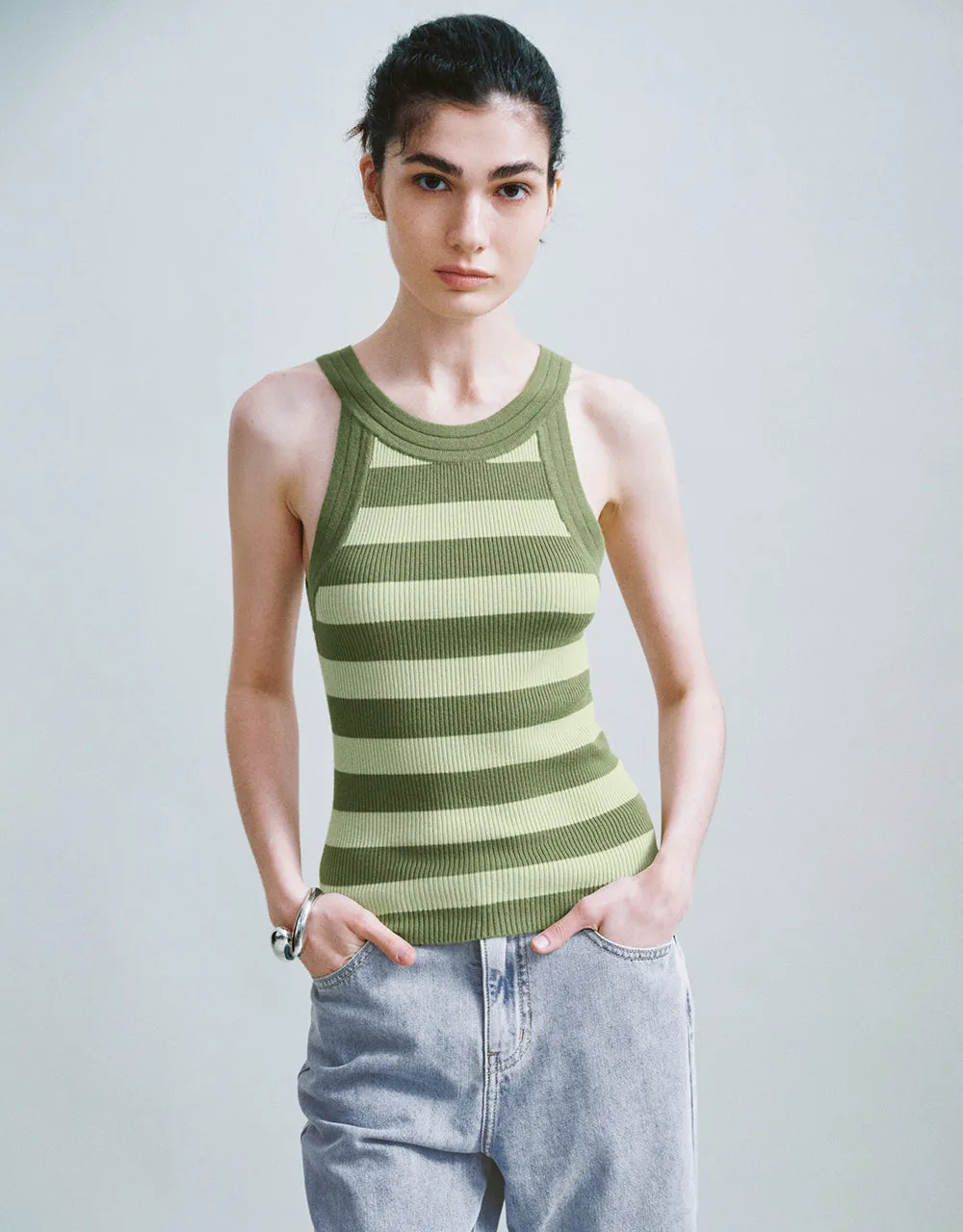 Striped Crew Neck Knitted Tank Top sold by Urban Revivo