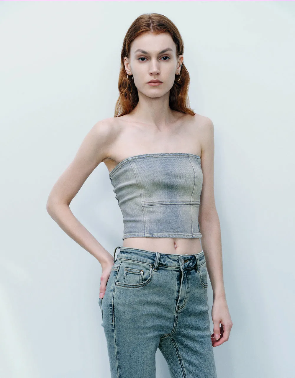 Off-Shoulder Denim Tube Top sold by Urban Revivo