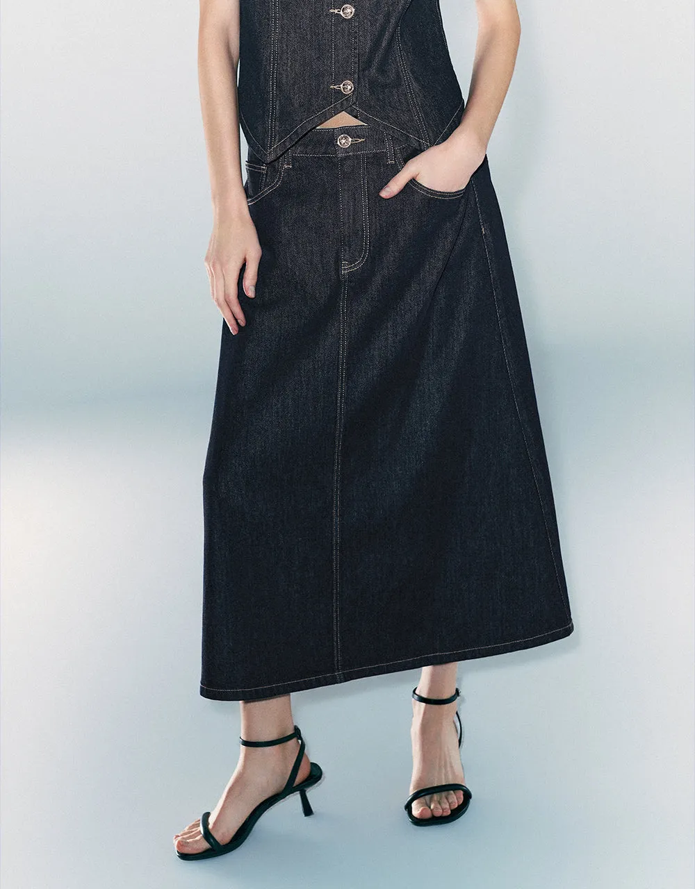 Midi A-Line Denim Skirt sold by Urban Revivo product image thumbnail 4