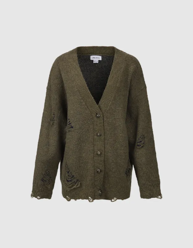 Ripped V-Neck Knitted Cardigan sold by Urban Revivo