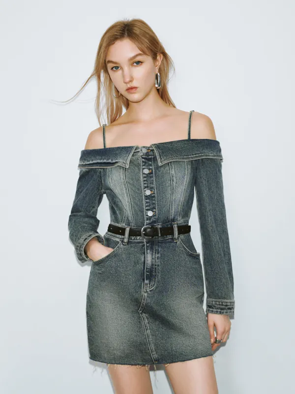 Off-Shoulder Straight Denim Dress sold by Urban Revivo